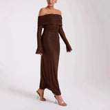Plataz Women's New Luxury Out-Shoulder Long-Sleeved Body Drilled Noble Dress HZ0628
