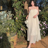 Plataz Beach Dress Seaside Tourism Vacation Chiffon Long Dress Folded Loose Sleeveless Slings Dress Dress Woman
