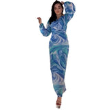 Plataz Women's Autumn V-Neck Lantern Sleeve Long-Sleeved High-Rise Fashion-Print Long Dress