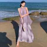 Plataz New Temperament Hanging Neck Dye Chiffon Skirt Fake Two Holiday Dress Summer