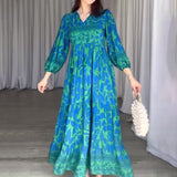 Plataz Women's Autumn New V-Necked Lantern Sleeve Print High-Waist Retro Long Dress