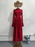 Plataz New Chiffon Ear Splicing Chiffon Temperament Half-High Collar Long Dress