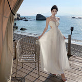 Plataz Breast Slings White Languing Folded Long Skirt Banquet Dress Holiday 100 Folded Beach Dress Girl