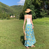 Plataz Holiday Style Suit French Rope Smear Vest Top Woman Summer Blue Floral Half Dress Two Sets