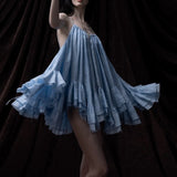 Plataz New Sweet Holiday Wind Blue Sling Skirt Summer Lotus Leaf Side-Dew Short Skirt