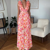 Plataz New Fashion Casual Home Sexy Printing Tie With Waist Folded Dress Woman