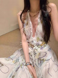 Plataz Niche Elegant Temperament Hanging Neck-Loaked Dress Woman 2025V Collar Folded Three-Dimensional Flower Dress
