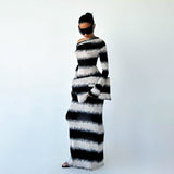 Plataz Autumn New Dizzened Black And White Striped Asymmetrical Shoulder Heap Long Sleeve Dress Woman DJPT