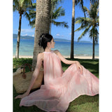 Plataz Hanging Neck Dress Women Summer Long Dress Small Pink Sleeveless Seaside Holiday Tie Dye Dress