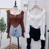 Plataz Girls Shoulder-Hanging Neck With Long-Sleeved Slings With Smear Wooden Ear-Deared Shirt Short With Chest Cushion Top DJPT