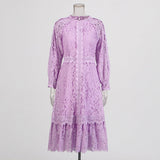 Plataz Bohemian 2025 Summer New Round-Neck Long Sleeve Zipper Design Solid Color Long Lace Dress