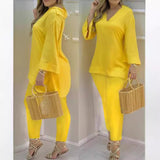 Plataz Explosion Color New Plain Horn Sleeve V Collar Top And Trousers Fashion Lady Set DJPT