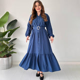 Plataz 2025 New Solid Color POLO Collar Long Sleeve Multi-Button Belt Dress