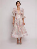 Plataz Style Dress 2025 Summer V-Neck Bubble Sleeves Mid-Sleeve Fresh Sweet Three-Dimensional Flower Print Dress
