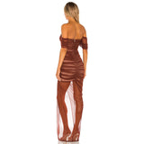 Plataz One-Word Shoulder Mesh Folded Folded Banded Dress Sexy Tight Temperament Dress