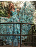 Plataz 2024 Holiday Windwood Ear Sleeveless Back Cross-Lace Sexy Dew Chopped Flower Chiffon Skirt Long Dress