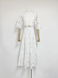 Plataz Spring And Summer Embroidery Hollow Round Horn Short Top + Holiday Water-Soluble Lace Skirt Dress Suit