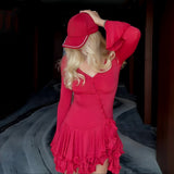 Plataz New Hot Horn Sleeves To Close The Waist Short Dress Sexy Hottie Single Buckle Dress Woman HZ0628