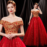 Plataz 2025 New Dry Verted Gold Red Bride Wedding Toast Solo Stage Performance Evening Dress