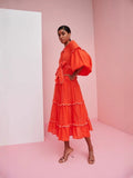 Plataz Tide Brand 2025 Spring Round Collar Lotus Lantern Sleeve Strap To Close The Waist Orange Red Dress Dress Dress