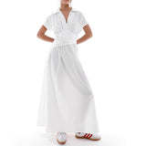 Plataz Women's Summer Collar Temperament Shirt Skirt High Waist Repair Fashion Commuting Long Skirt