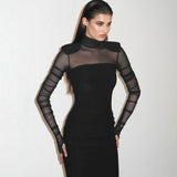 Plataz Women's Mesh Splicing Set Of Finger Long Sleeves High-Necked Ass Long Skirt DJPT