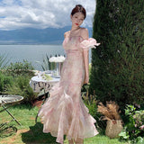 Plataz Bubble Sleeve Chiffon Flower Hanging Dress Women Summer Seaside Holiday Super Fairy Long Dress