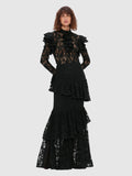 Plataz Summer New Collar Horn Long Sleeve With Waist Hollow Lace Dress Suit Woman
