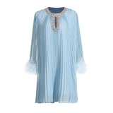 Plataz Court Niche Design Mid-Term 2025 New Diamond-Coated Collar Hollow Long-Sleeved Ostrich Wool Dress