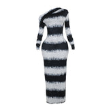 Plataz Autumn New Dizzened Black And White Striped Asymmetrical Shoulder Heap Long Sleeve Dress Woman DJPT