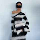 Plataz Autumn New Dizzened Black And White Striped Asymmetrical Shoulder Heap Long Sleeve Dress Woman DJPT