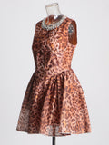 Plataz High-End Leopard Print Skirt 2025 Summer New Round Collar Diamond Waist Dress Dress Woman