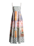 Plataz Spring Women's Dress 2025 New Retro Graffiti-Print Linen Sling Dress