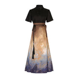 Plataz Design Blazed Gold Chinese Style Improvement Han Element Women's Short-Sleeved Top Skirt Dress Set 7065