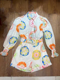 Plataz And Summer 2024 Australian Seaside Holiday Wind Leisure Long-Sleeved Shirt + With Belt High-Rise Printed Shorts Set For Women