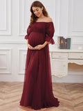 Plataz Dress Short Sleeves Solid-Colored Pregnant Women's Dress Tulle Long Pregnant Dress Maternity