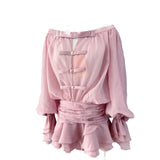 Plataz Spring And Summer New French Pure Desire Shoulder Bow Tective Chest Long Sleeve Fluffy Trouser Skirt