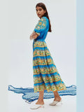 Plataz Autumn New French Retro Printing Splicing Process Single Buckle Belt Belt Waist Long Dress Dress Woman
