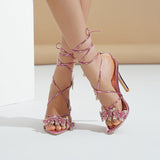 Plataz Shoes Women 2024 New Summer Cross-Tie Fairy Wind Silver Bow Bow Toe Ultrafine Heels High Quality Shoes