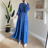 Plataz Women's Autumn Round-Neck Long-Sleeved Single Buckle High-Waisted Splicing Dress