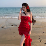 Plataz Sexy Pure Lust Wind Heavy Industry Lotus Side Drag Tail Irregular Braid Dress Holiday Red Chiffon Dress