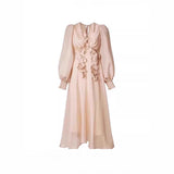 Plataz Spring And Autumn V-Neck Lantern Sleeve With Three-Dimensional Flower Design Dress