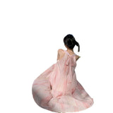 Plataz Hanging Neck Dress Women Summer Long Dress Small Pink Sleeveless Seaside Holiday Tie Dye Dress