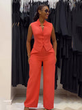 Plataz Suit With Orange Suction Loose Large Size Sleeveless Broad Leg Two-Set