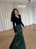 Plataz Autumn Fashion Temperament Velvet Splicing V-Neck Intellectual Belt Long Dress