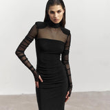 Plataz Women's Mesh Splicing Set Of Finger Long Sleeves High-Necked Ass Long Skirt DJPT