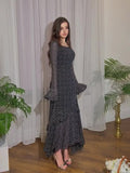Plataz 2024 New Chiffon Spot Lotus Leaf Sleeve Temperament Long Splicing Irregular Dress