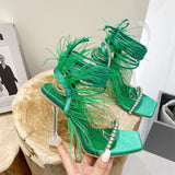 Plataz 2025 New Catwalk Square Women's Shoes Water Drill Feathers With Summer High-Heeled Sandals Women High Quality Shoes