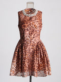 Plataz High-End Leopard Print Skirt 2025 Summer New Round Collar Diamond Waist Dress Dress Woman