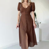 Plataz Women's Summer French V-Neck Bubble Bubble Sleeve High Waist Open Temperament With Long Dress
